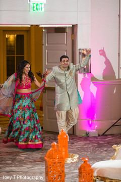 Couple's entrance to the sangeet party. Couple's entrance to the sangeet party.