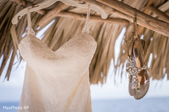 White wedding dress and sandals.