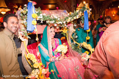 Lovely bride entering the sangeet in a rickshaw. indian weddings,indian sangeet,pakistani bride,rickshaw