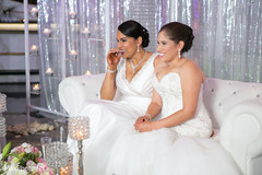 Indian lesbian lovebirds at their wedding reception. Indian lesbian lovebirds at their wedding reception.