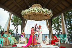 Stunning indian couple at wedding ceremony indian groom outfit,indian bride fashion,flower mandap,indian wedding ceremony