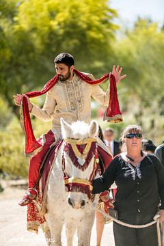 Indian groom riding a white horse for baraat Indian groom riding a white horse for baraat