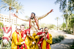 Indian groom with groomsmen on baraat celebration Indian groom with groomsmen on baraat celebration