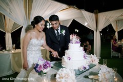Indian bride and groom cutting the cake indian wedding reception,indian wedding cake,indian bride reception fashion,indian groom suit