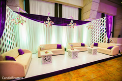 Gorgeous purple and white sangeet stage. pre-wedding celebrations,sangeet,floral and decor,lightning