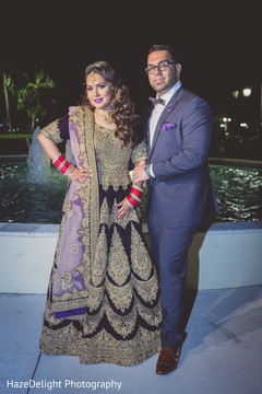 Night outdoor wedding photography. indian bride and groom,reception fashion,lehenga,suit
