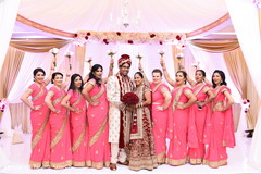 Indian bride and groom posing with bridesmaids indian wedding ceremony,indian bride fashion,indian groom fashion,indian bridesmaids fashion