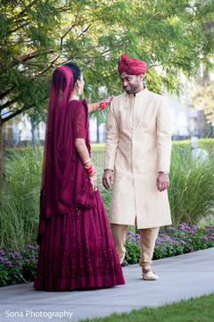 Sweet indian bride and groom's first look capture first look photography,indian bride lengha,indian groom fashion