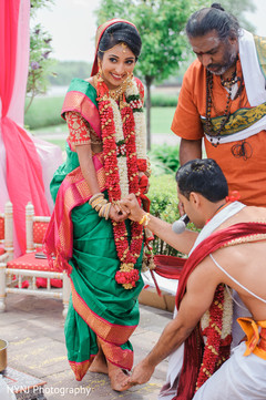 Beautiful bride in a green, red and gold lengha bridal lengha,indian bride fashion