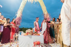 Saptapadi ritual. indian wedding ceremony,mandap,indian bride and groom