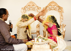 Indian bride and groom showered with rice. indian wedding ceremony,indian bride and groom