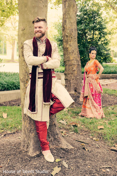 Outdoor garden creative Indian wedding portrait. indian bride groom,indian wedding photography,indian fusion wedding