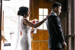 Indian bride and groom first look scene. Indian bride and groom first look scene.