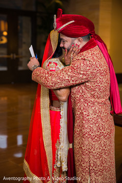 Touching Indian bride and groom first look. Touching Indian bride and groom first look.