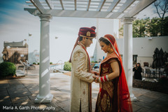 Indian bride and groom's intimate first look photo shoot. Indian bride and groom's intimate first look photo shoot.
