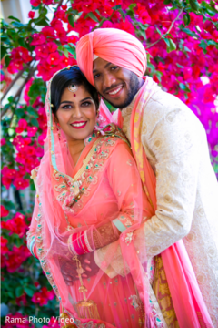 Perfect indian couple peach lengha,pink lengha,bridal lengha
