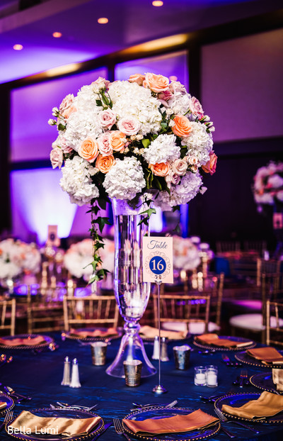 indian wedding reception,floral centerpieces,floral and decor