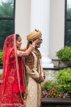 Cutest Indian bride and groom first look photo. Cutest Indian bride and groom first look photo.