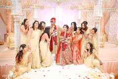 Happy Bride and groom with bridesmaids Happy Bride and groom with bridesmaids