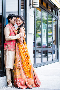 Dreamy outfits of Indian bride and groom for their mehndi party celebration. Dreamy outfits of Indian bride and groom for their mehndi party celebration.