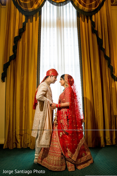 Indian bride and groom's romantic first look moment