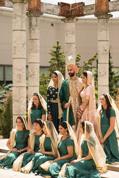 Elegant indian lovebirds with bridesmaids photography indian wedding gallery,outdoor photography,indian bride and groom,indian bridesmaids