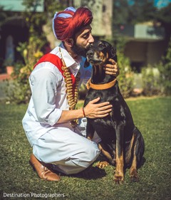 Tender shot of indian groom with dog Tender shot of indian groom with dog