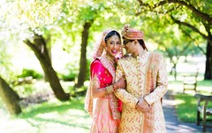 Indian bride and groom pose for pictures during the outdoor photo shoot Indian bride and groom pose for pictures during the outdoor photo shoot
