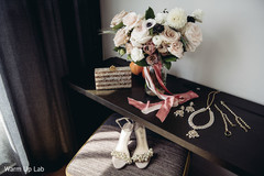 Magnificent Indian bridal shoes, bouquet, earrings, necklace,bracelets and hand purse. Magnificent Indian bridal shoes, bouquet, earrings, necklace,bracelets and hand purse.