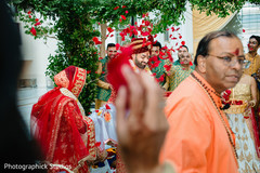 Indian bride and groom being thrown red roses petals during ceremony. Indian bride and groom being thrown red roses petals during ceremony.