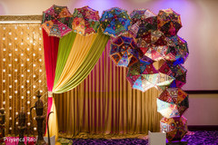 Marvelous Indian pre-wedding stage umbrella decor. Marvelous Indian pre-wedding stage umbrella decor.