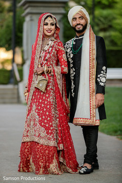 Elegant indian bride and groom posing for photo shoot Elegant indian bride and groom posing for photo shoot