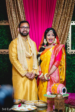 Indian bride and groom meet during the Sangeet ceremonies Indian bride and groom meet during the Sangeet ceremonies