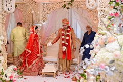 Indian bride and groom during granthi bandhanam. Indian bride and groom during granthi bandhanam.