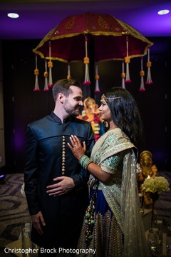 Indian bride and groom on their Dreamy sangeet outfits. Indian bride and groom on their Dreamy sangeet outfits.