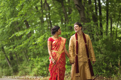 Lovely Indian bride and groom's first look scene. Lovely Indian bride and groom's first look scene.