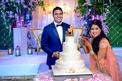 Joyful Indian couple posing with wedding cake. Joyful Indian couple posing with wedding cake.