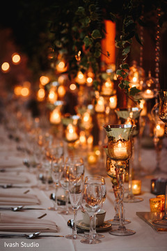 Dreamy Indian wedding table candles decor. Dreamy Indian wedding table candles decor.