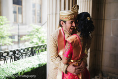 Indian bride and groom first look scene. Indian bride and groom first look scene.