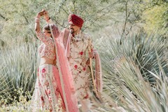 Indian bride and groom's romantic first look moment Indian bride and groom's romantic first look moment