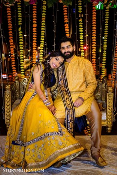 Stunning fashion for bride and groom's sangeet celebration. Stunning fashion for bride and groom's sangeet celebration.