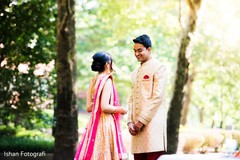 Indian bride and groom first look scene. Indian bride and groom first look scene.