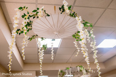 Indian wedding umbrellas decor with flowers.
