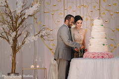 Lovely capture Indian bride and groom cutting cake together. Lovely capture Indian bride and groom cutting cake together.