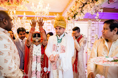 Indian bride and groom at the ceremony venue Indian bride and groom at the ceremony venue