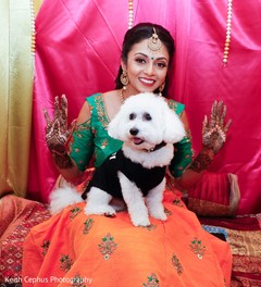 Indian bride with pet showing her henna art. Indian bride with pet showing her henna art.