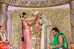 Indian bride putting flower garland to groom. Indian bride putting flower garland to groom.