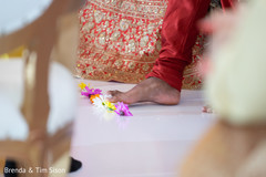 Indian couple when stepping on nuts with toes ritual. Indian couple when stepping on nuts with toes ritual.