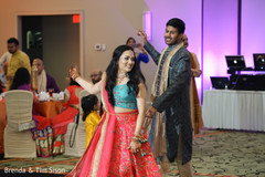 Joyful Indian bride and groom at their sangeet celebration. Joyful Indian bride and groom at their sangeet celebration.