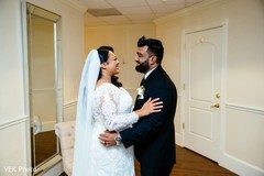 Indian bride and groom romantic first glance. Indian bride and groom romantic first glance.